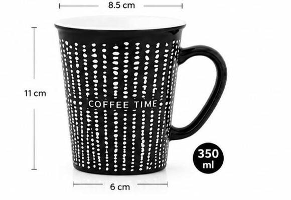 مج سيراميك أسود "Coffee Time" بنقشة نقطية أنيقة – 350 مل