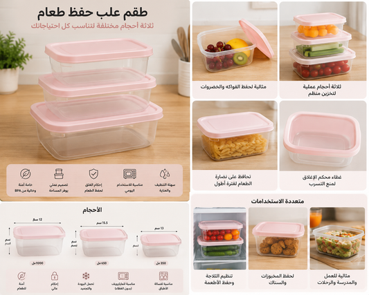 طقم علب حفظ طعام شفافة بغطاء محكم – 3 أحجام