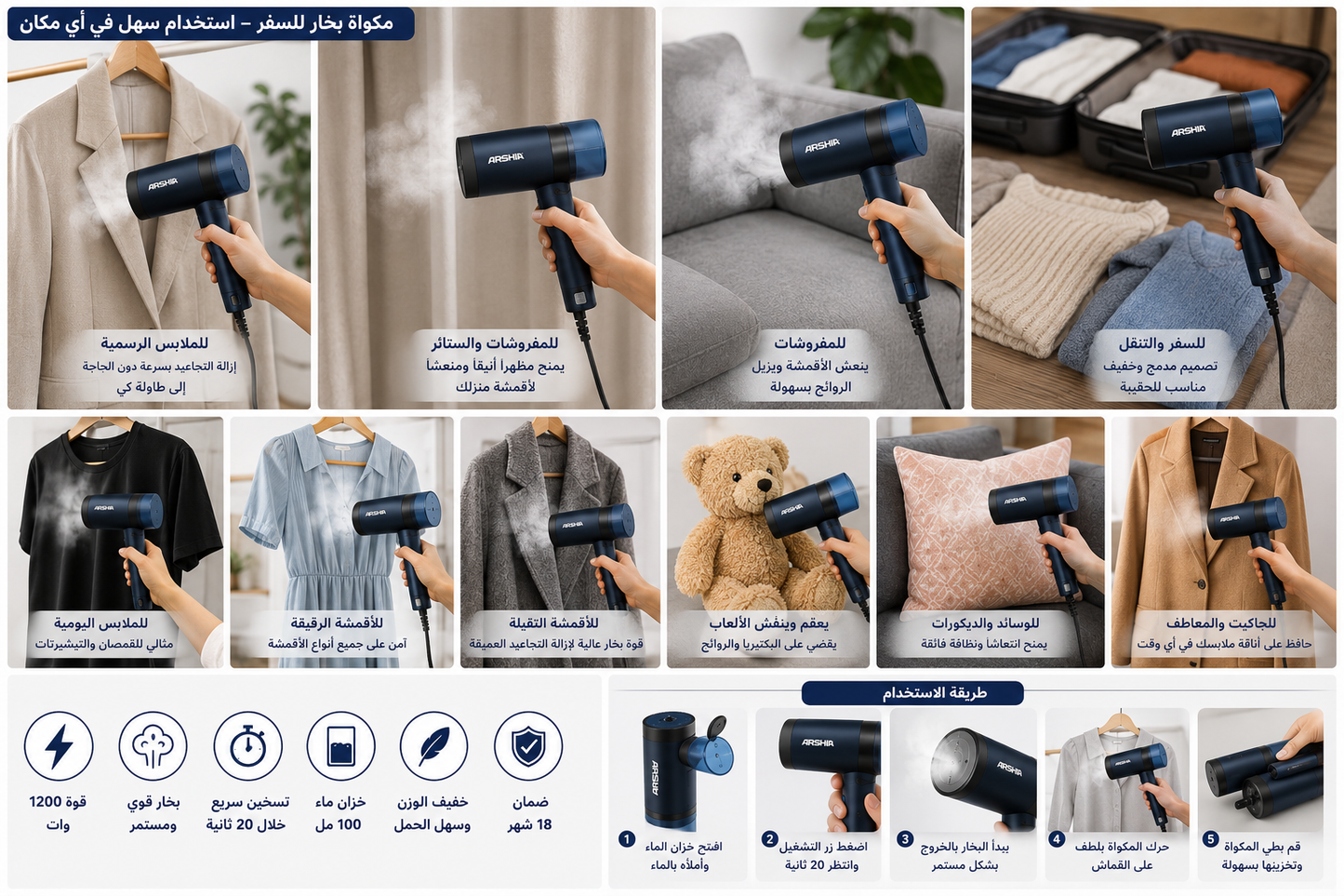 مكواة بخار محمولة للسفر ARSHIA 1200 وات | خزان 100 مل | موديل HS160-3417