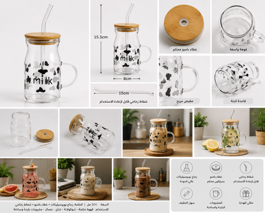 كوب زجاج بطبعة Cow Print بغطاء بامبو | 500 مل