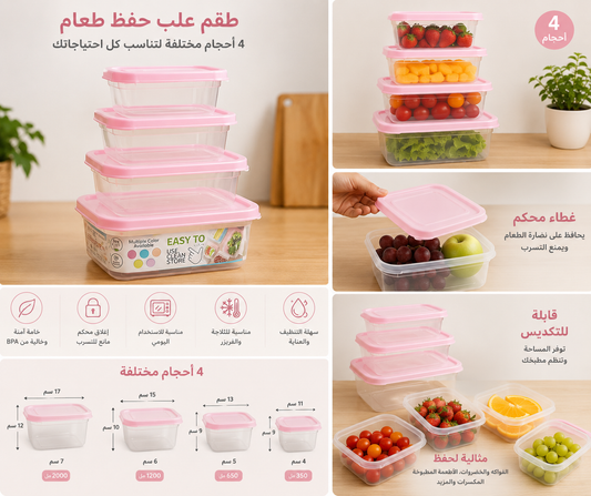 طقم علب حفظ الطعام الشفافة بغطاء محكم – 4 أحجام