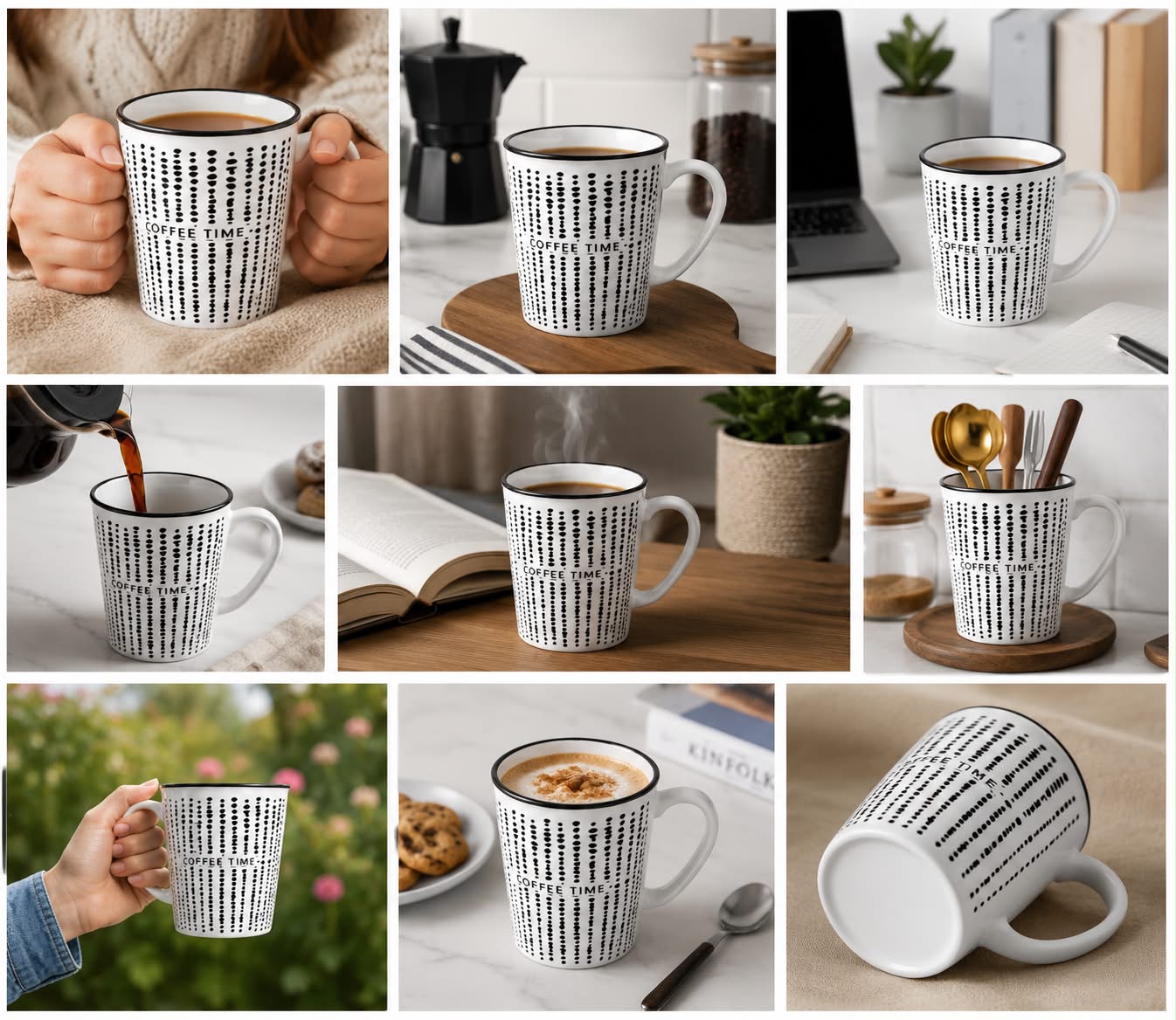 مج سيراميك "Coffee Time" بنقشة نقطية عصرية – 350 مل