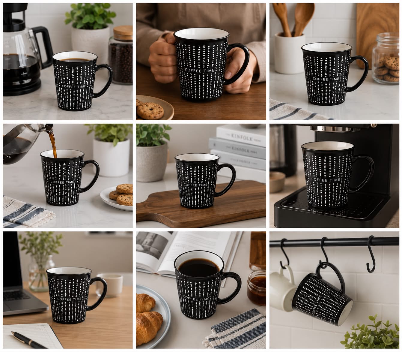 مج سيراميك أسود "Coffee Time" بنقشة نقطية أنيقة – 350 مل