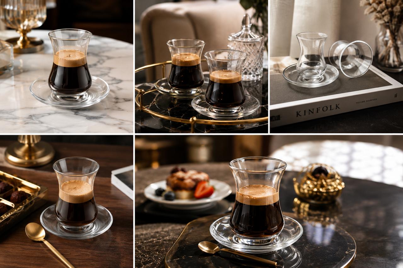 طقم كوب زجاج شفاف للشاي والإسبريسو مع طبق
