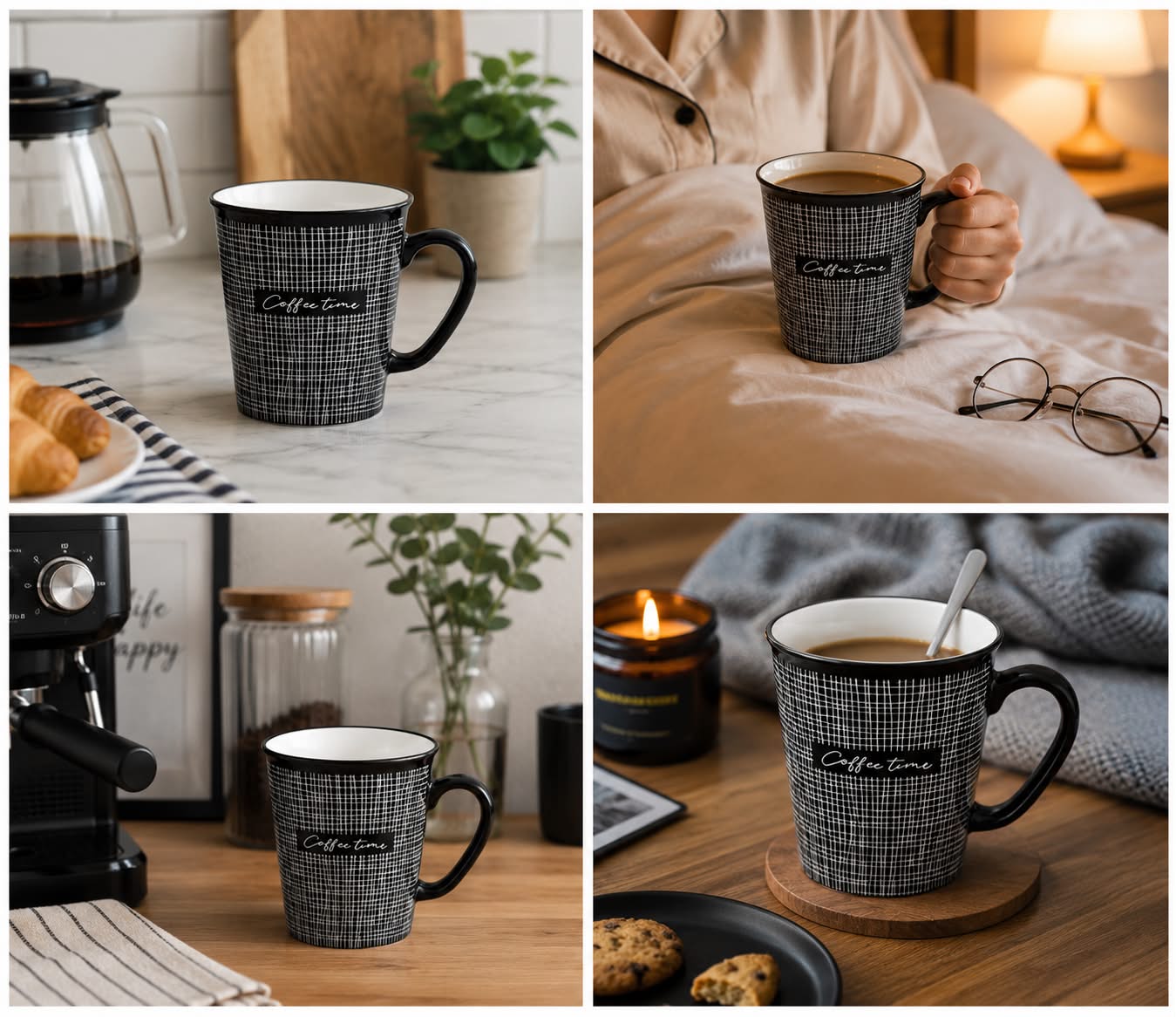 مج سيراميك أسود "Coffee Time" بتصميم شبكي – 350 مل