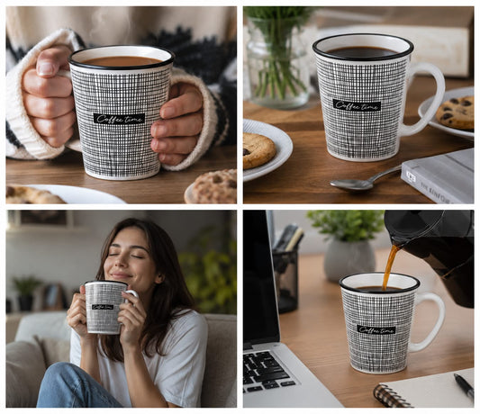 مج سيراميك Coffee Time بتصميم شبكي أنيق – 350 مل